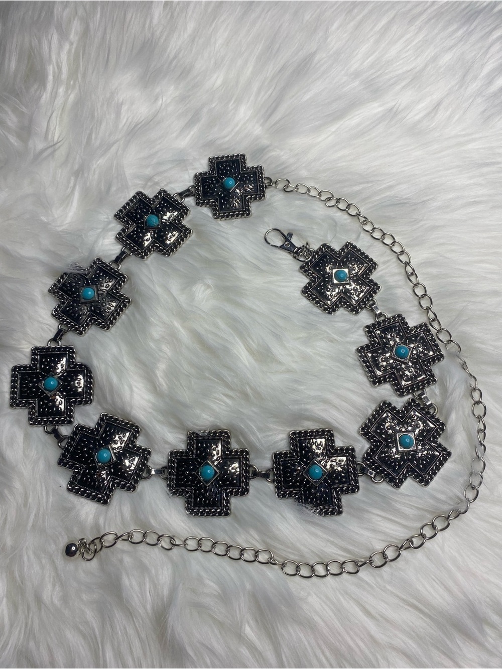 Silver-Tone Turquoise Cross Link Belt